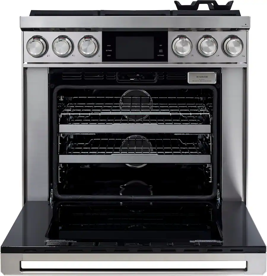 Color Pure Silver Dacor 36 in. Wide 6 Burner Contemporary 4.8 Cu. Ft. Slide In Dual Fuel ...
