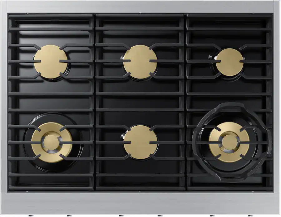 Color Pure Silver Dacor 36 in. Wide 6 Burner Contemporary 4.8 Cu. Ft. Slide In Dual Fuel ...