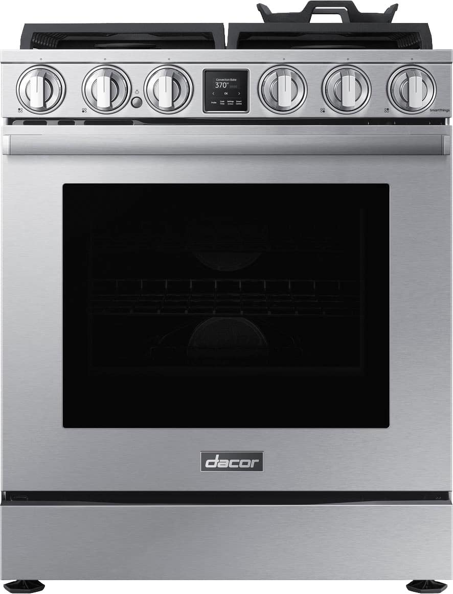 Front. Dacor - Transitional 6.0 Cu. Ft. Slide-In Gas Four-Part Pure Convection Range with Self-Cleaning and SimmerSear Burners - Silver Stainless Steel.