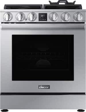 Dacor - 30 in. Wide 4 burner Transitional 6.0 Cu. Ft. Slide-In Gas Four-Part Pure Convection Range with Self-Cleaning - Silver Stainless Steel