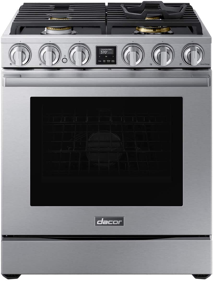Alt View 1. Dacor - Transitional 6.0 Cu. Ft. Slide-In Gas Four-Part Pure Convection Range with Self-Cleaning and SimmerSear Burners - Silver Stainless Steel.
