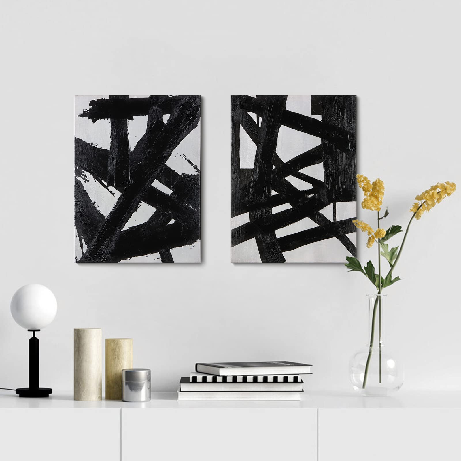 Alt View 2. Hirose Alice - Zessonic Black And White Abstract Wall Art - Black Painting Stroke Graffiti Artwork for Living Room Bedroom - Black White 12" x 16" x 2 Panels.