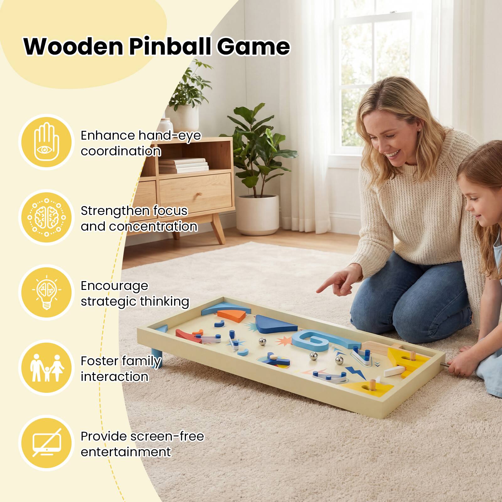 Wooden Pinball Game

- Enhance hand-eye coordination
- Strengthen focus and concentration
- Encourage strategic thinking
- Foster family interaction
- Provide screen-free entertainment