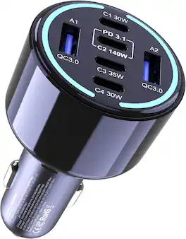 Core Tech - 300W 6-Port USB-C and USB-A Fast-Charging Car Adapter with 140W PD 3.1 and LED Light - Black