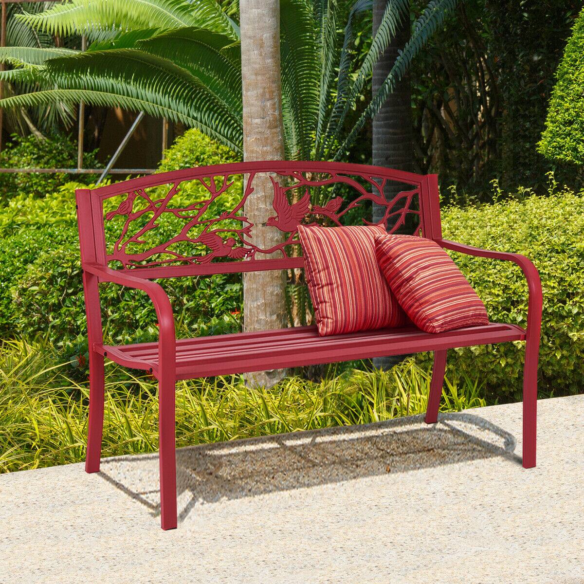 Alt View 3. Costway - Costway Patio Garden Bench Park Yard Outdoor Furniture Cast Iron Porch Chair - Red.