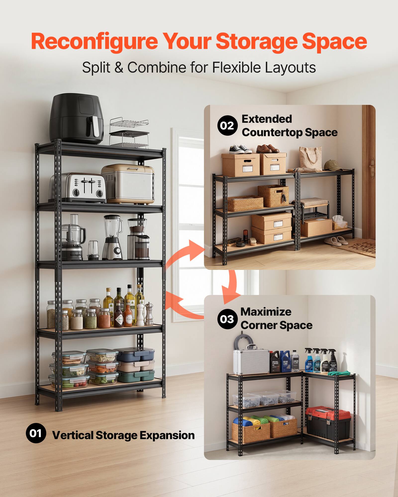 Reconfigure Your Storage Space  
Split & Combine for Flexible Layouts  

01 Vertical Storage Expansion  
02 Extended Countertop Space  
03 Maximize Corner Space
