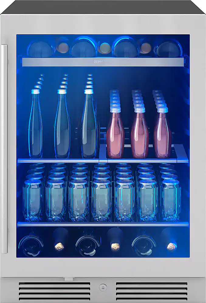 Front. Zephyr - Presrv 24 in. 7-Bottle and 108-Can Single Zone Beverage Cooler - Stainless Steel + Glass.