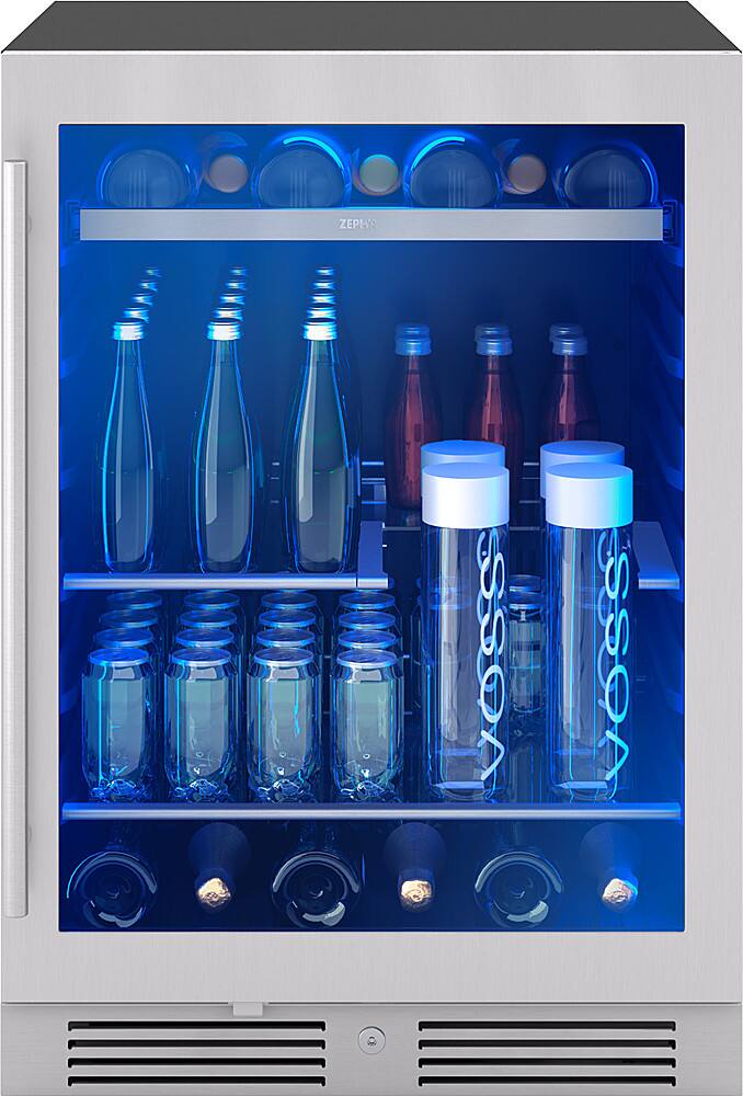 Left. Zephyr - Presrv 24 in. 7-Bottle and 108-Can Single Zone Beverage Cooler - Stainless Steel + Glass.
