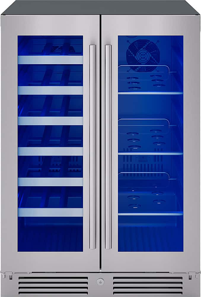 Angle. Zephyr - Presrv 24 in. 21-Bottle and 64-Can Wine and Beverage Cooler with Dual Temperature Zone and French Doors - Stainless Steel + Glass.