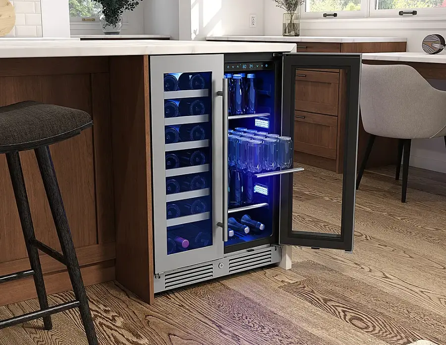 Alt View 18. Zephyr - Presrv 24 in. 21-Bottle and 64-Can Wine and Beverage Cooler with Dual Temperature Zone and French Doors - Stainless Steel + Glass.
