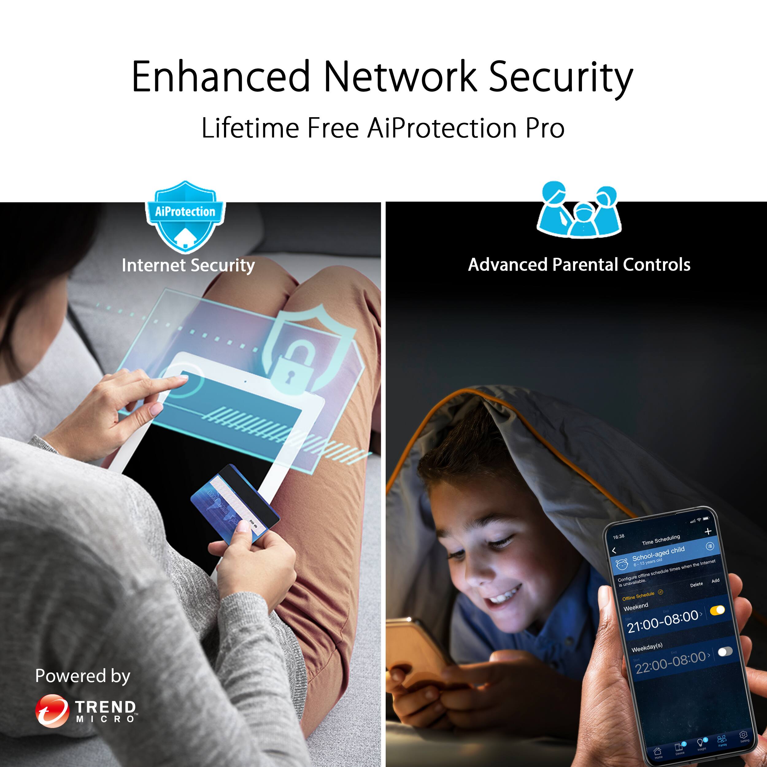 Enhanced Network Security Lifetime Free AiProtection Pro AiProtection Internet Security Advanced Parental Controls Powered by TREND MICRO - + - Suheduting m chad School-aged ET - - - - - - mAa natu - AM . - -toa - Weekend 21:00-08:00 Woofullay(A) 22:00-08:00 5 I A
