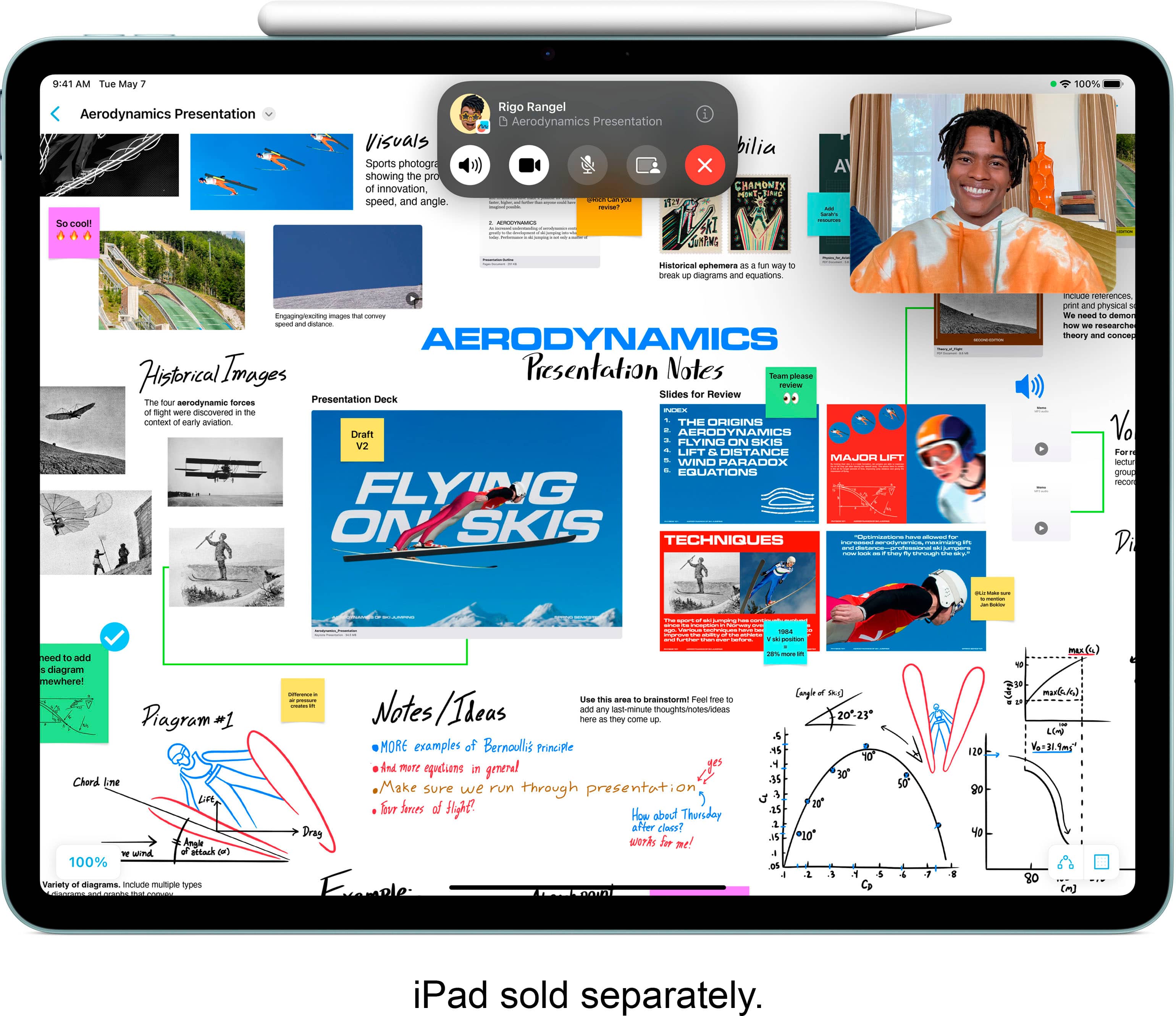 The image features a laptop screen with a presentation open, showcasing various images and text. The largest text reads "AERODYNAMICS HISTORICAL TRAGEDIES." The presentation appears to be about flying and skiing, with a focus on aerodynamics. There are several images and text boxes, including one that says "Flying on skis." The laptop screen is filled with information, making it a comprehensive presentation.