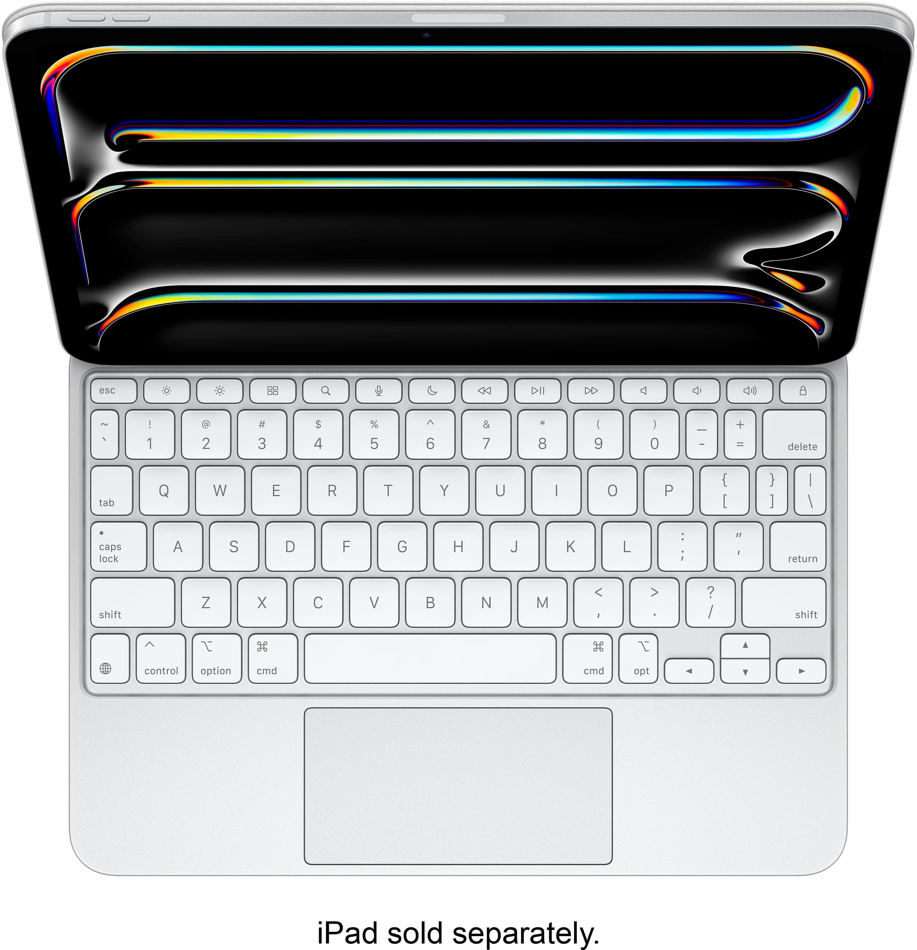 The image features a white laptop with a keyboard. The keyboard has a colorful background, which includes rainbow stripes. The laptop is open, revealing the keyboard. The keyboard has a variety of keys, including letters, numbers, and function keys. The arrangement of the keys is standard, with the letters and numbers arranged in rows and the function keys arranged along the top row.