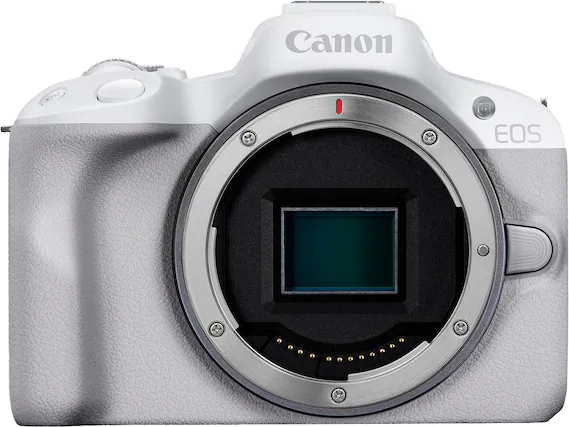 Front. Canon - EOS R50 4K Video Mirrorless Camera (Body Only) - White.