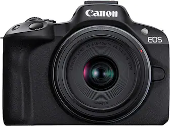 Front. Canon - EOS R50 4K Video Mirrorless Camera with RF-S 18-45mm f/4.5-6.3 IS STM Lens - Black.