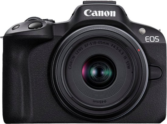 Front. Canon - EOS R50 4K Video Mirrorless Camera with RF-S 18-45mm f/4.5-6.3 IS STM Lens - Black.