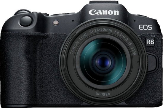 Front. Canon - EOS R8 4K Video Mirrorless Camera with RF 24-50mm f/4.5-6.3 IS STM Lens - Black.