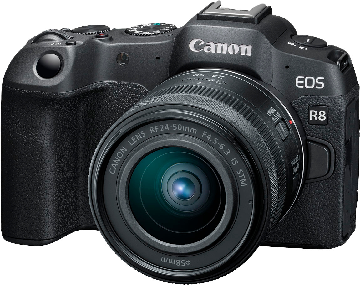 Left View: Canon - EOS R8 4K Video Mirrorless Camera with RF 24-50mm f/4.5-6.3 IS STM Lens - Black