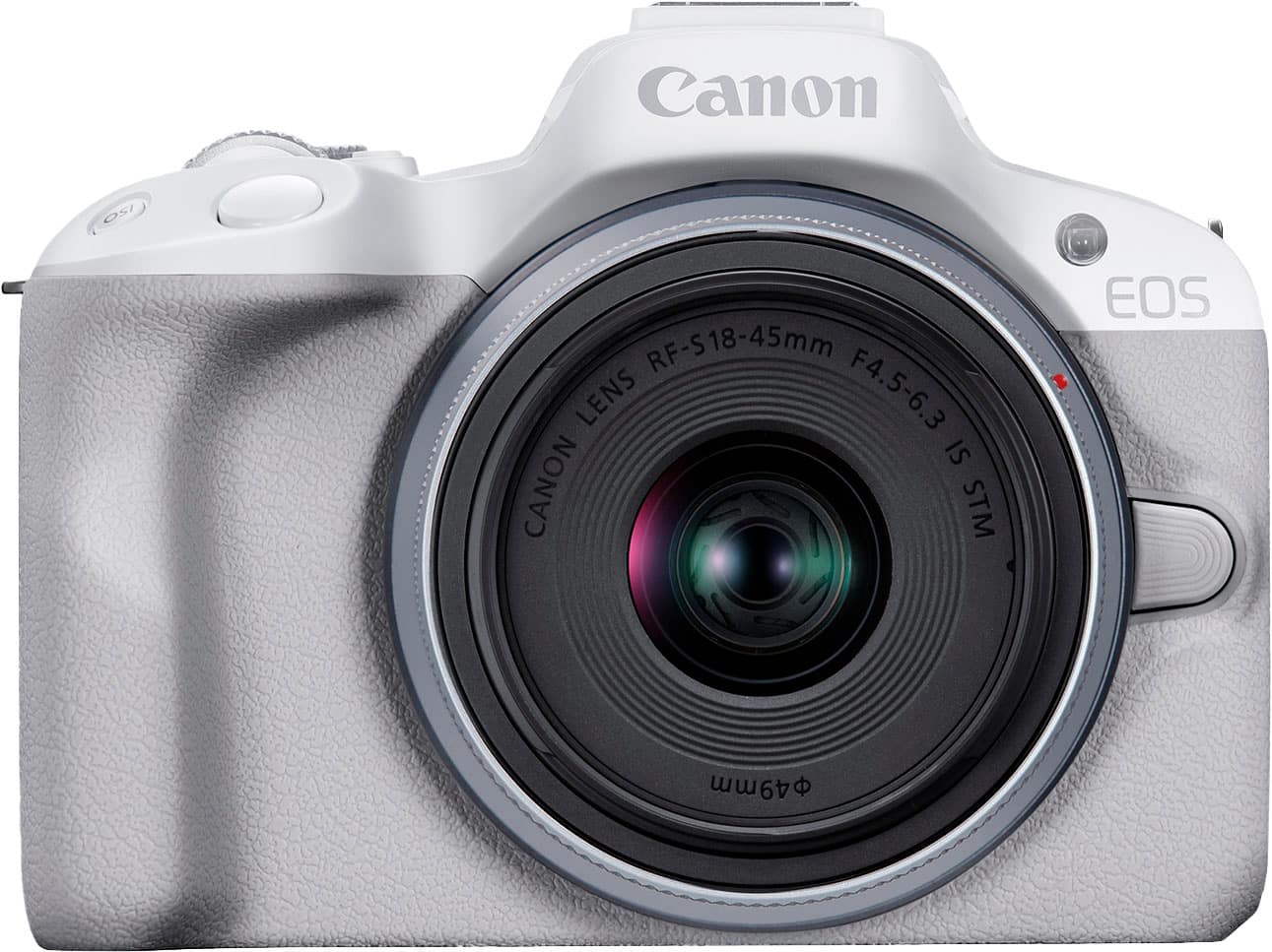 Front. Canon - EOS R50 4K Video Mirrorless Camera with RF-S18-45mm f/4.5-6.3 IS STM Lens - White.