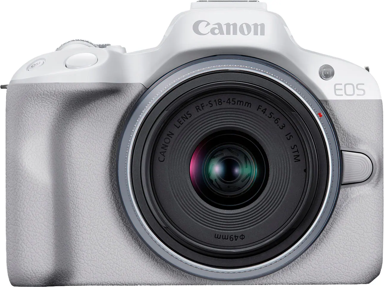 Front. Canon - EOS R50 4K Video Mirrorless Camera with RF-S 18-45mm f/4.5-6.3 IS STM Lens - White.