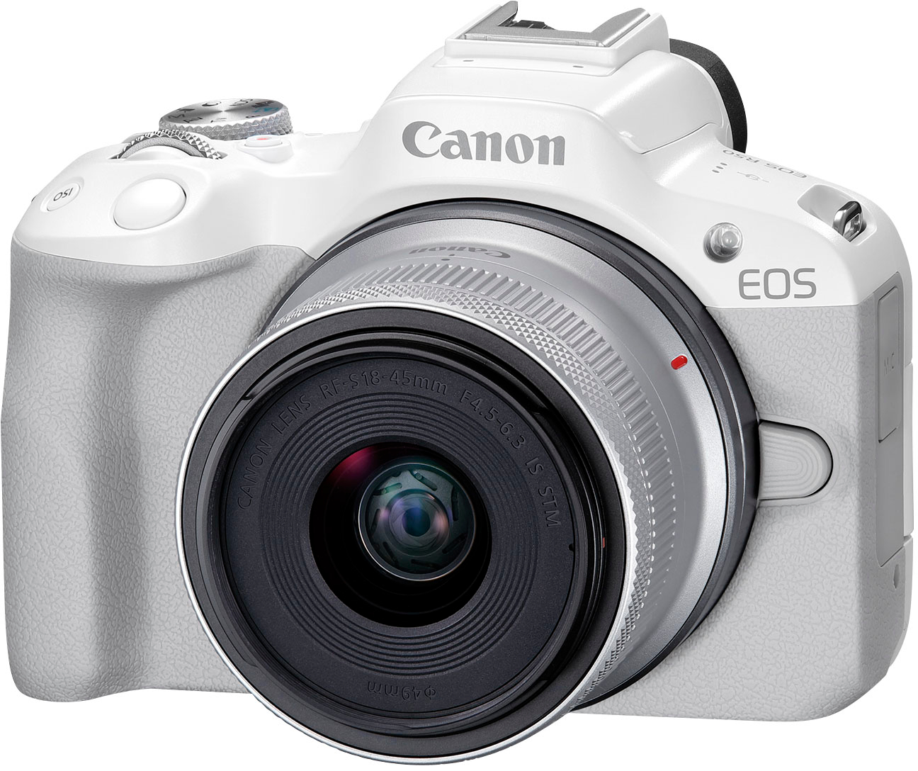 Left View: Canon - EOS R50 4K Video Mirrorless Camera with RF-S 18-45mm f/4.5-6.3 IS STM Lens - White