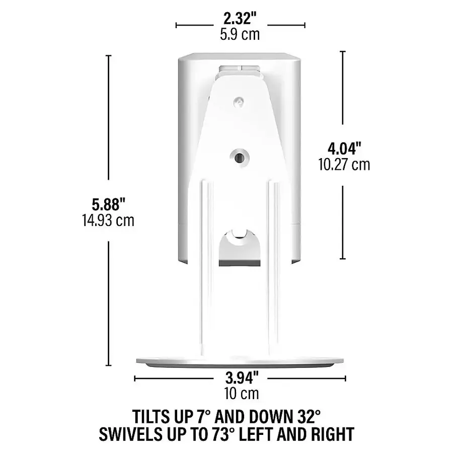 The text on the image reads: "2.32" 5.9 cm "4.04" 10.27 cm "5.88" 14.93 cm "3.94" 10 cm TILTS UP 7 AND DOWN 32 SWIVELS UP TO 73 LEFT AND RIGHT". This text describes the dimensions of the object, which is a white box with measurements in centimeters and inches. The box has a tilt feature that allows it to be adjusted up to 7 degrees and down to 32 degrees. It also has a swivel feature that allows it to be rotated up to 73 degrees to the left and right.