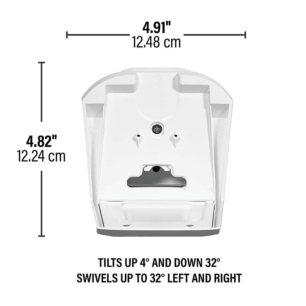 The image shows a white box with a measurement of 4.91 inches (12.48 cm) and 4.82 inches (12.24 cm). The box is designed to tilt up 4 inches and down 32 inches, as well as swivel up to 32 inches to the left and right.
