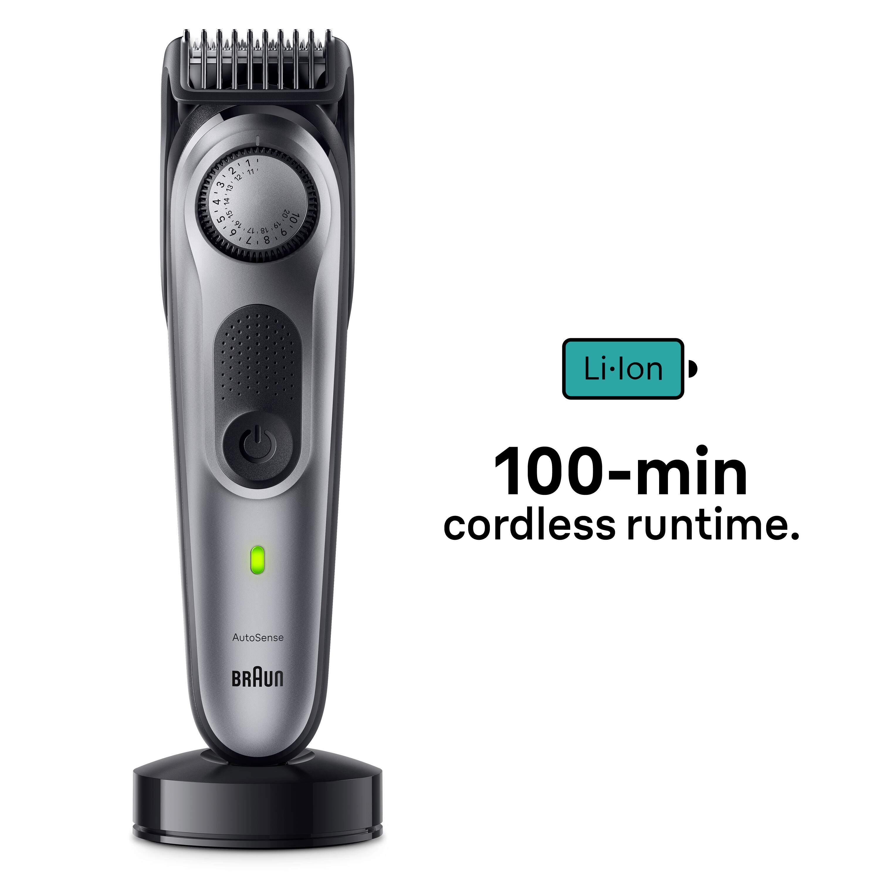 The image features a Braun hair trimmer with a green light on it. The trimmer is cordless and has a 100-minute runtime, making it a convenient and efficient tool for grooming. The image is categorized as Hair Trimmers and Groomers.