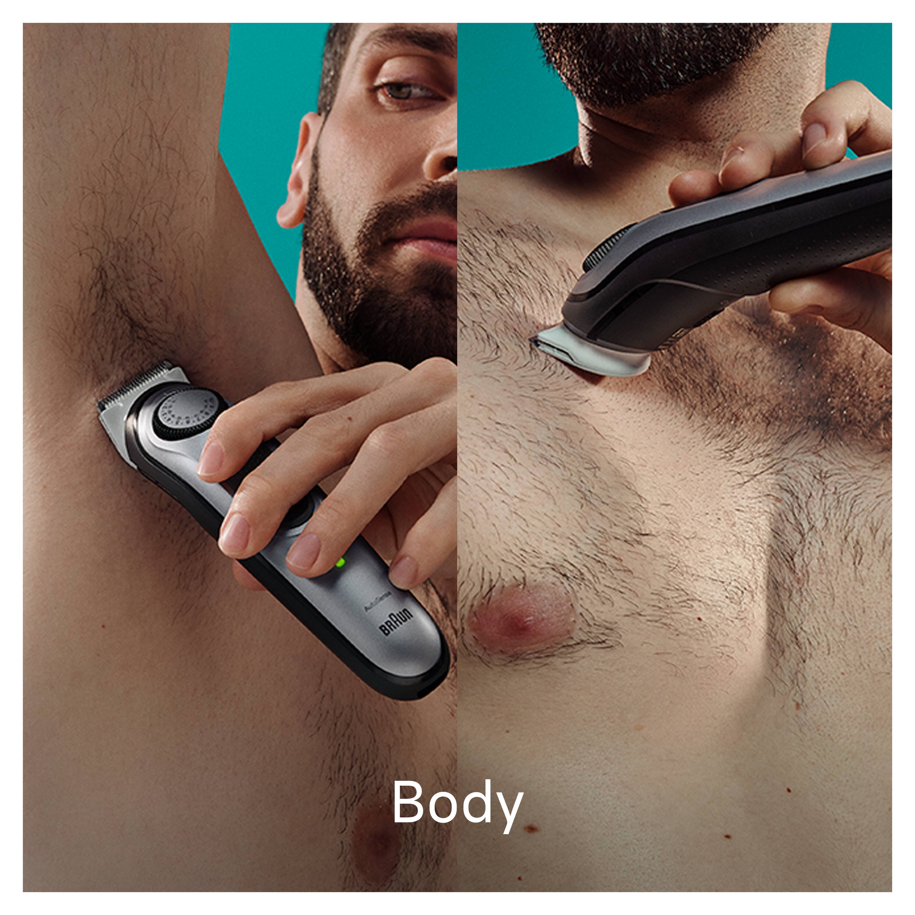 The image features a man shaving his chest hair using a shaver. The man is holding the shaver in his hand, and the shaving process is taking place on his upper body. The image is categorized as Hair_Trimmers_and_Groomers, and it showcases the use of a shaver for personal grooming.