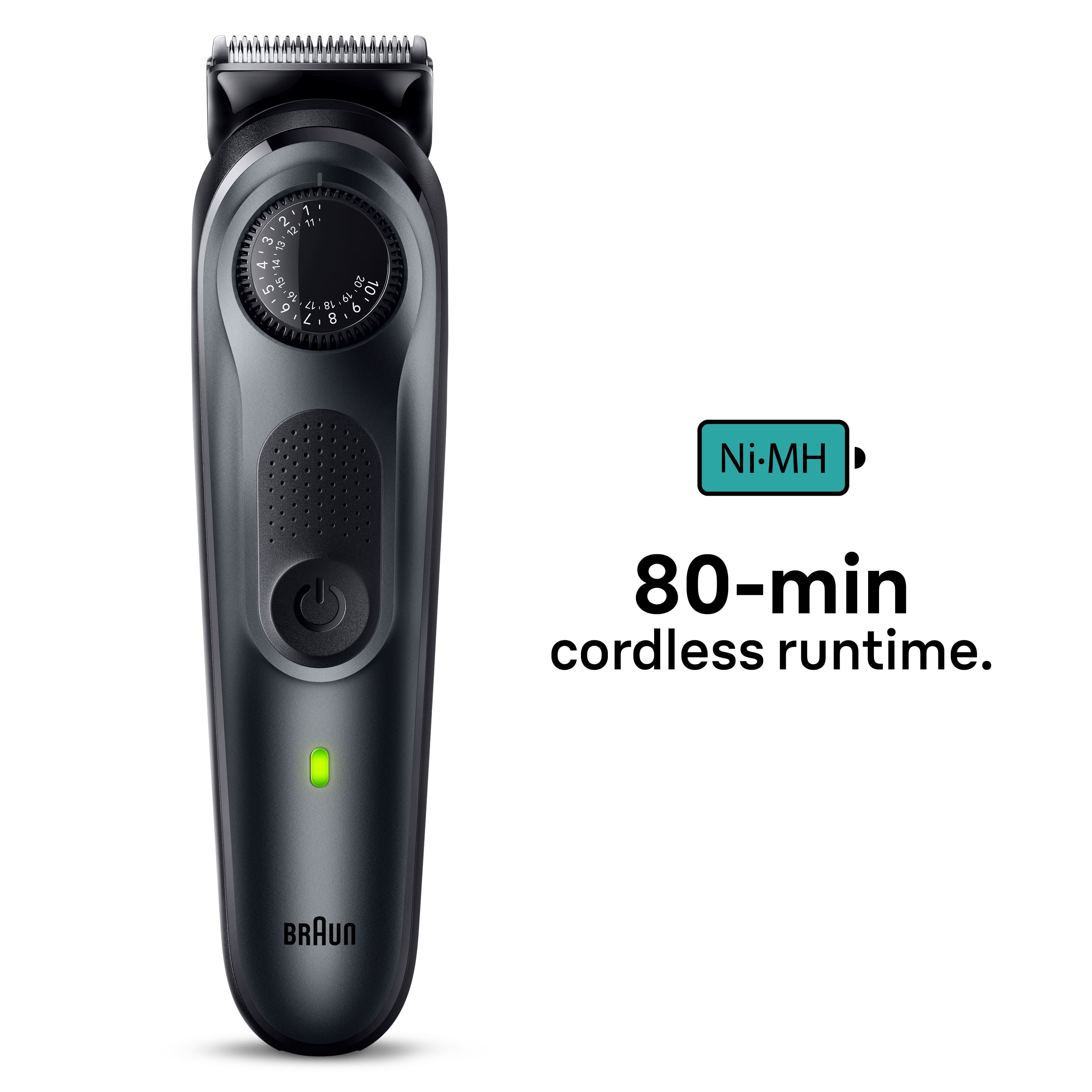 The image features a Braun electric shaver with a green light on the front. The shaver is cordless and has a runtime of 80 minutes. The product is designed for easy use and efficient grooming.