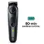 The image features a Braun electric shaver with a green light on the front. The shaver is cordless and has a runtime of 80 minutes. The product is designed for easy use and efficient grooming.