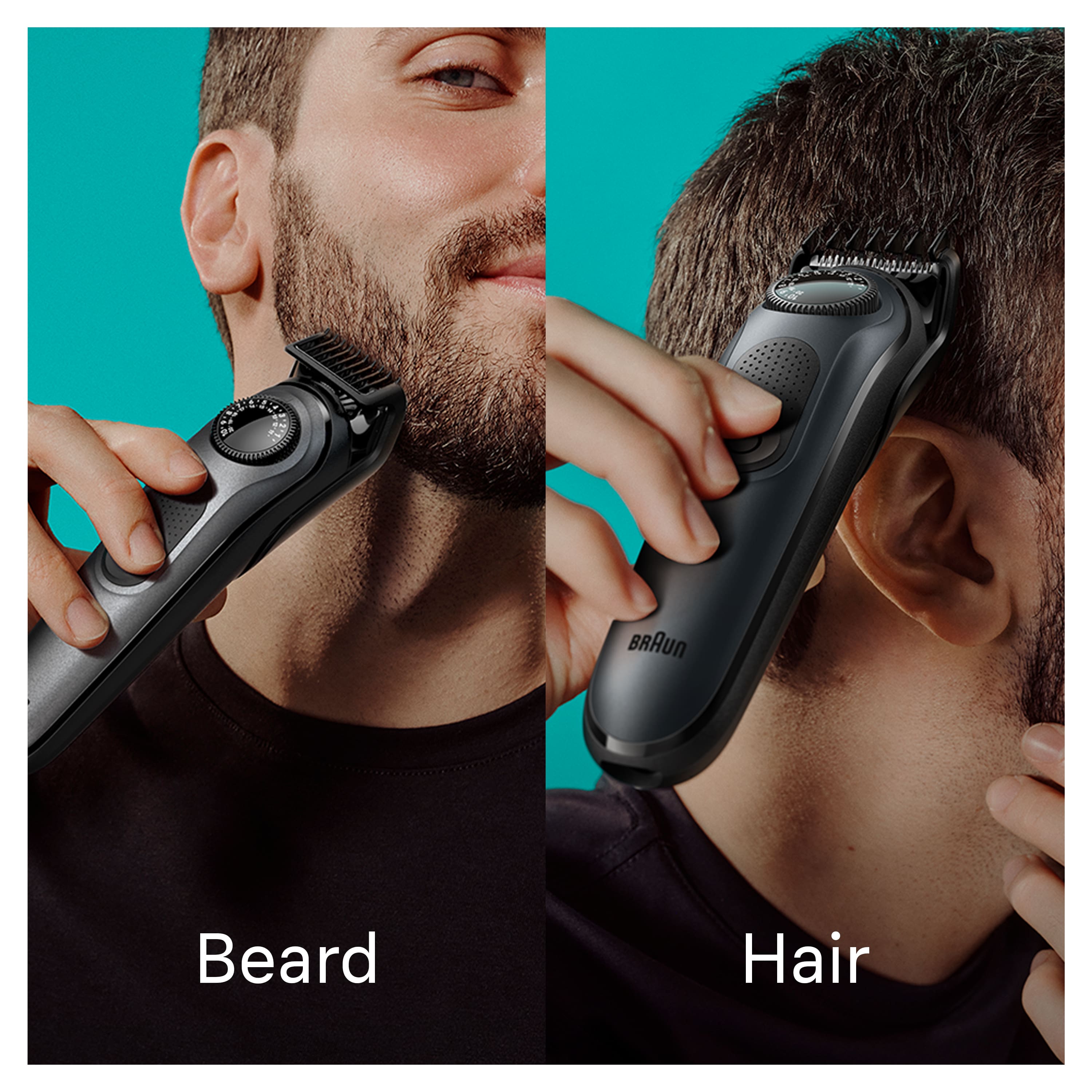 The image shows a man shaving his beard with a Braun electric shaver. The man is smiling and appears to be enjoying the process. The Braun electric shaver is a hair trimmer and groomer designed for facial hair, such as beards and mustaches. It is a popular choice for men who want to maintain a neat and well-groomed appearance.