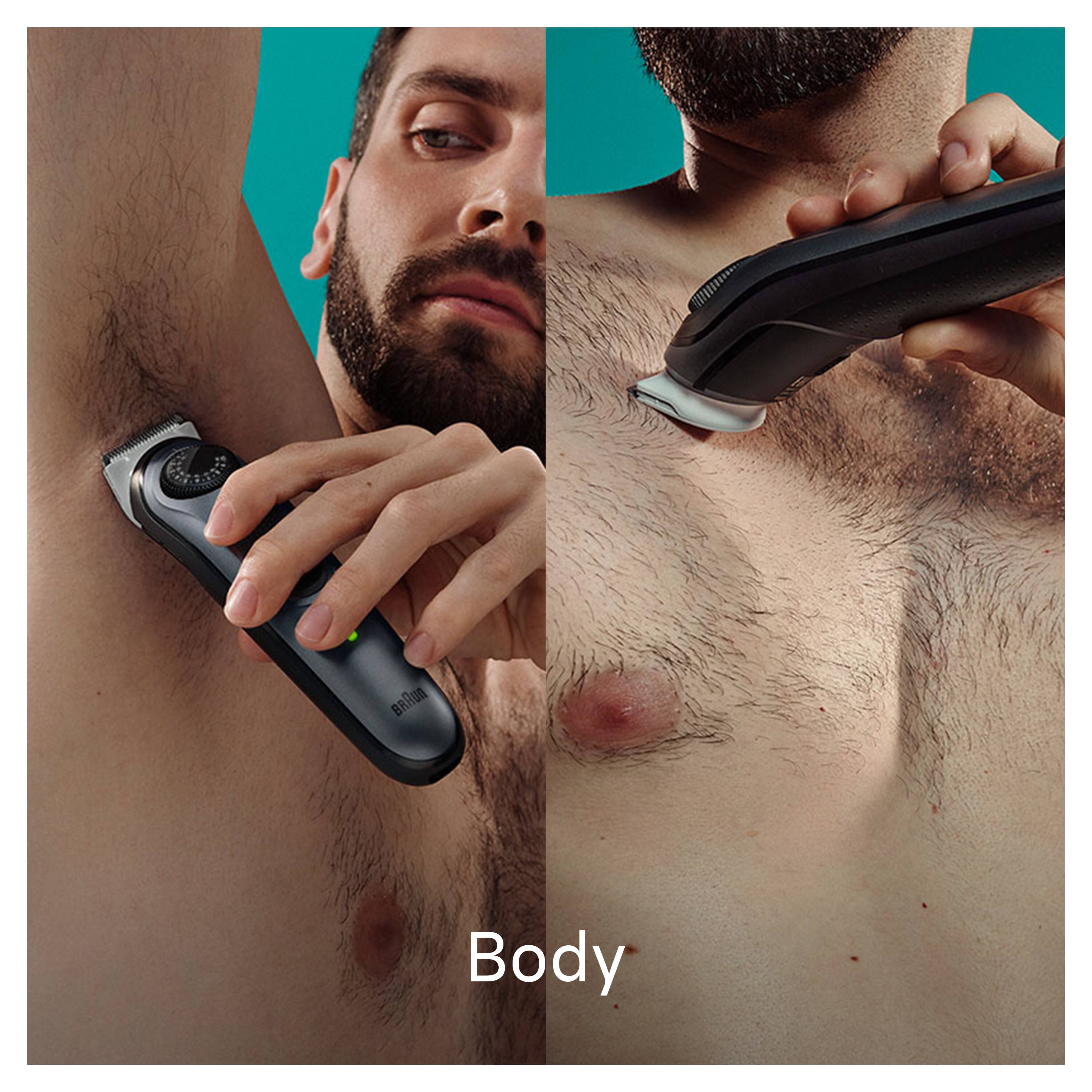 The image shows a man shaving his chest hair using an electric shaver. The man is holding the shaver close to his chest, and the shaving process is taking place. The image is categorized as Hair_Trimmers_and_Groomers, and the largest text in the image reads "Body."