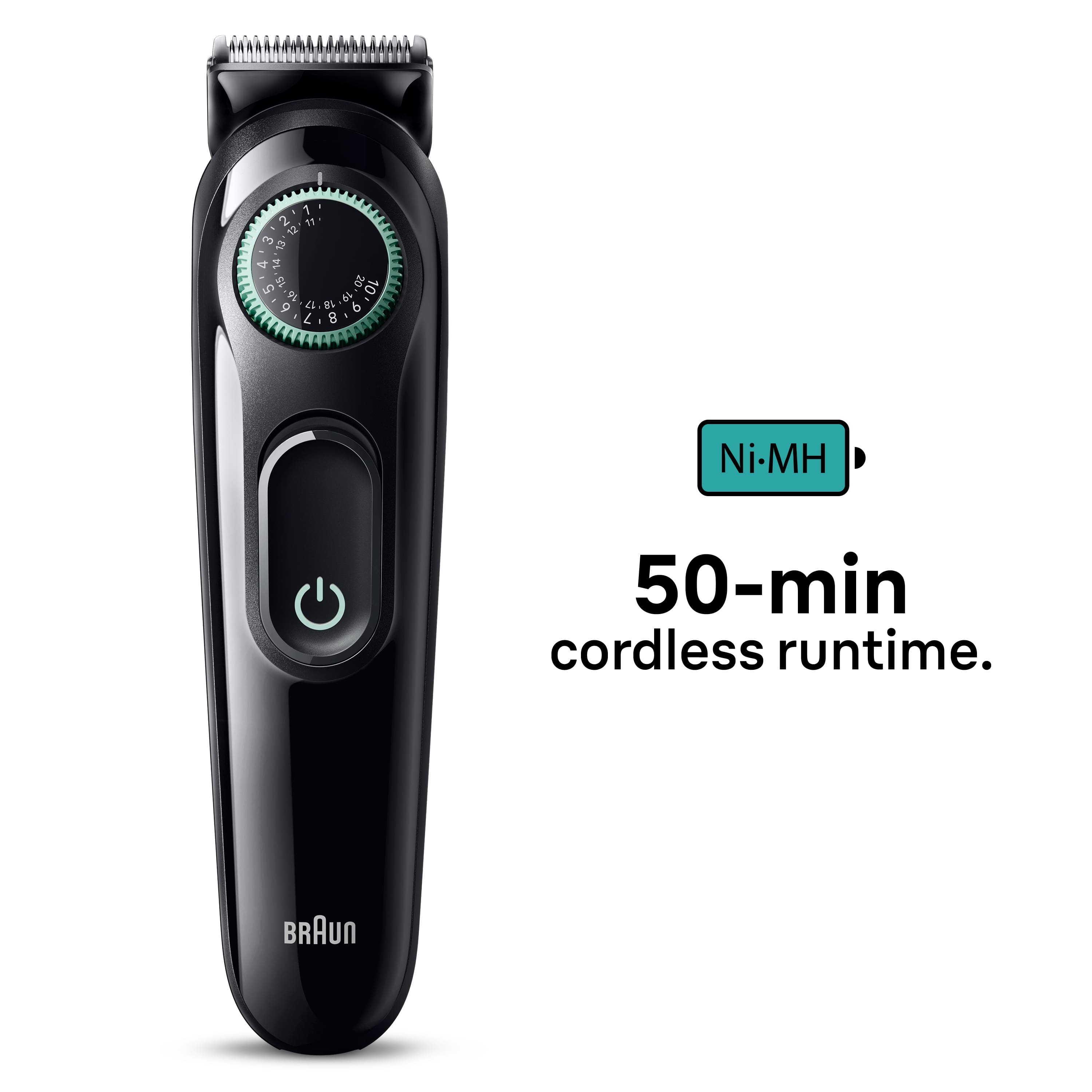The image features a Braun electric shaver with a cordless runtime of 50 minutes. The shaver is designed for easy use and efficient grooming.