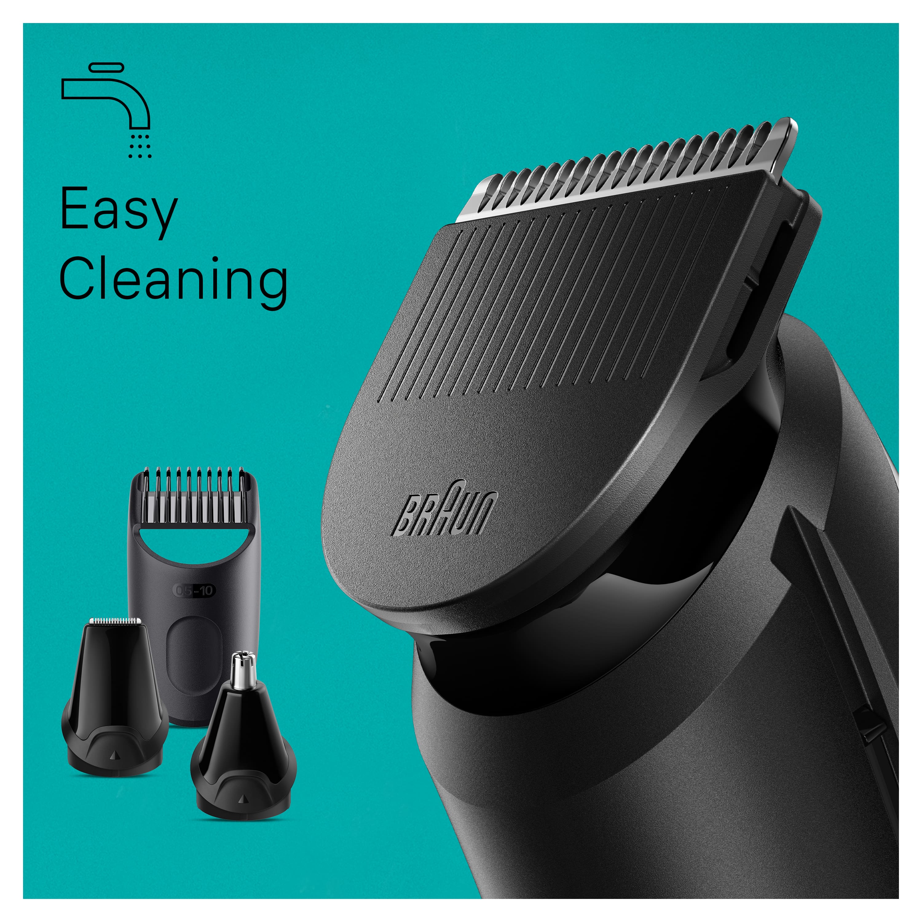 The image features a Braun electric shaver with a black handle and a black comb. The shaver is designed for easy cleaning, making it a convenient and hygienic option for maintaining personal grooming. The shaver is displayed in a blue background, highlighting its sleek and modern design.