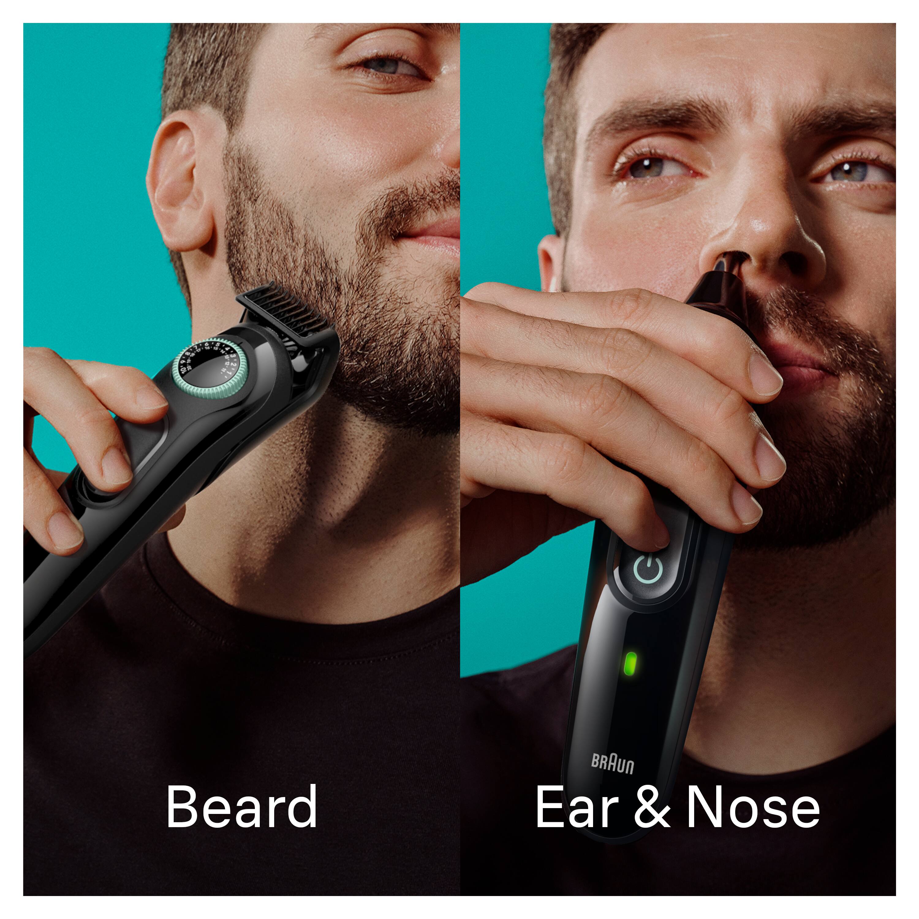 The image features a man using a Braun beard trimmer to trim his beard. The man is smiling and appears to be enjoying the process. The Braun beard trimmer is a hair trimmer specifically designed for trimming beards and facial hair. It is a versatile and convenient tool for maintaining a neat and well-groomed appearance.