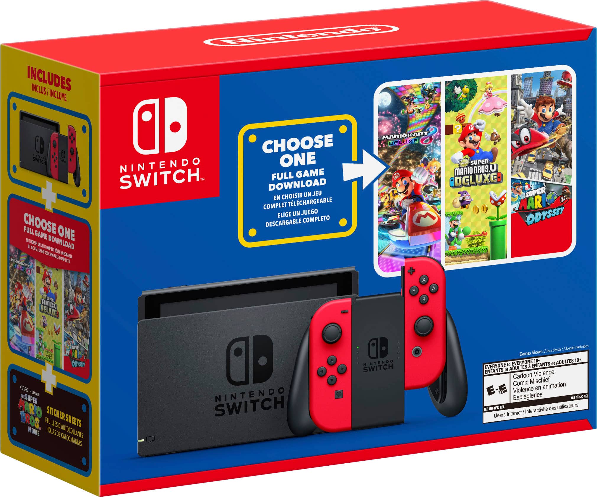 The box includes a Nintendo Switch and a choice of one full game to download. The options are Mario Kart 8 Deluxe or Super Mario Bros. U Deluxe. The box also contains a sheet of stickers and a guide. The Nintendo Switch is designed for both children and adults and features cartoon violence and comic mischief. The interactive gaming experience is suitable for all ages.