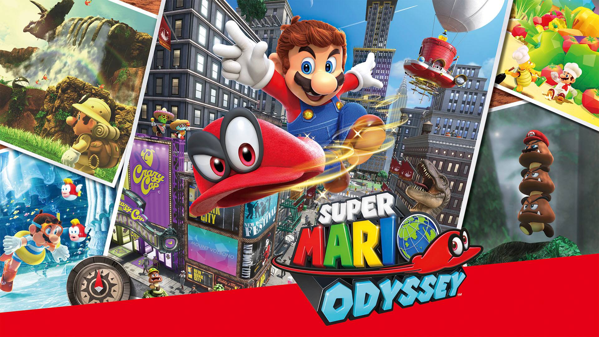 Super Mario Odyssey is a video game that features a variety of characters and locations, including Mario, Luigi, and Bowser. The game is set in a city, and the characters are shown in various poses and situations. The image also includes a car, a hot dog, and a sports ball, which are part of the game's diverse elements.