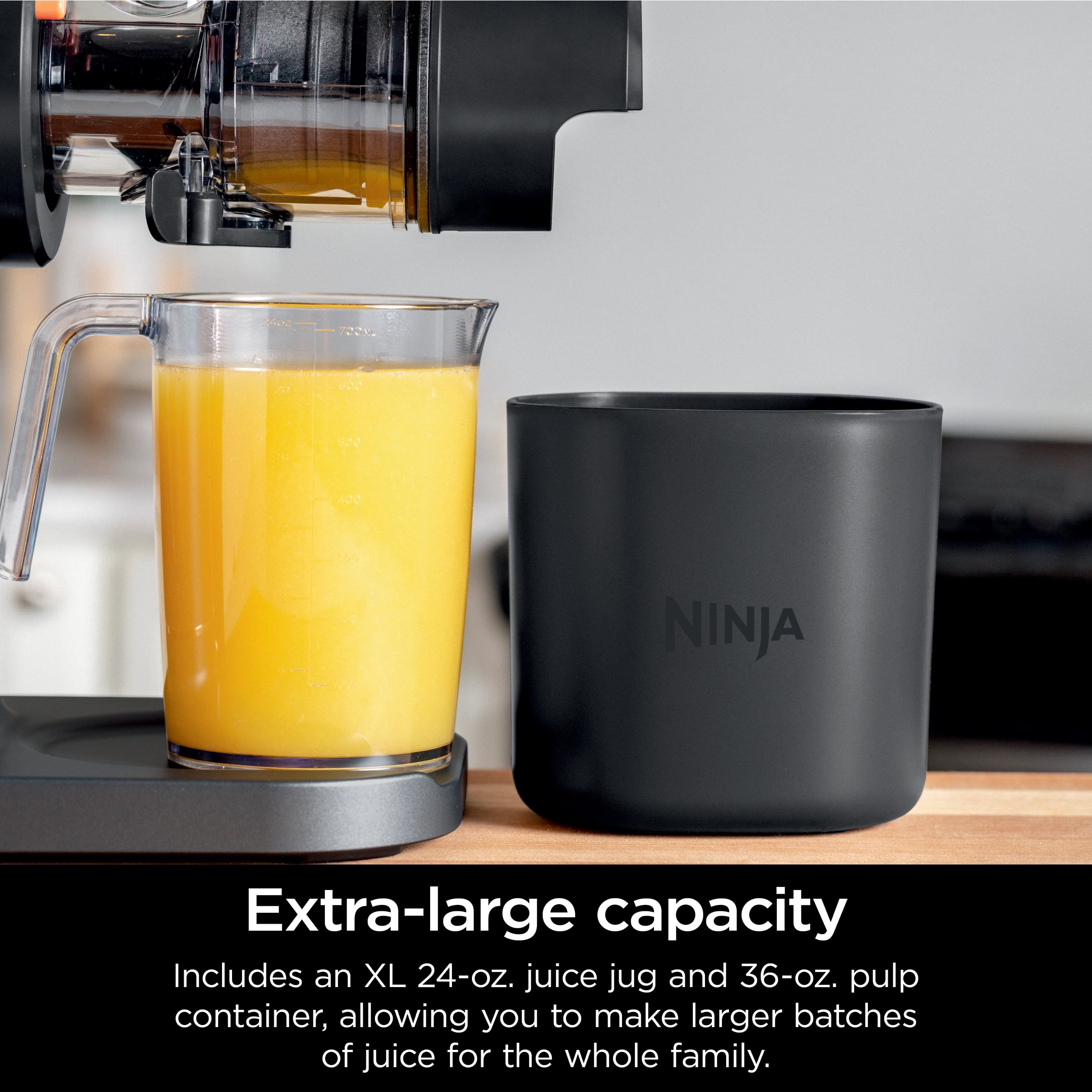 NINJA Extra-large capacity Includes an XL 24-oz. juice jug and 36-oz. pulp container, allowing you to make larger batches of juice for the whole family.