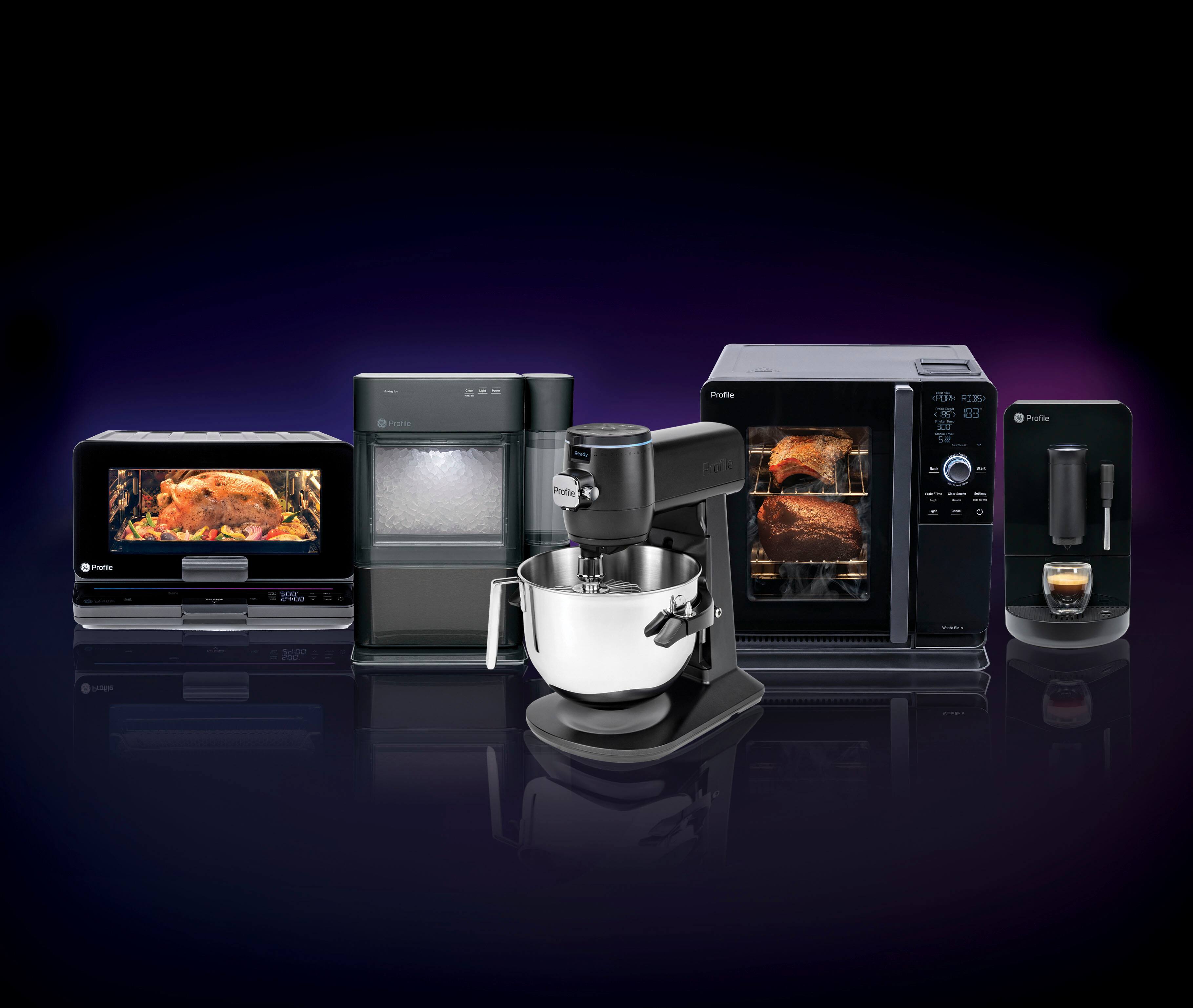 The image features a variety of kitchen appliances, including a microwave, oven, blender, and coffee maker. The appliances are arranged in a row, with the microwave being the largest and taking up the most space. The oven is positioned next to the microwave, followed by the blender and the coffee maker. The arrangement of these appliances creates an organized and visually appealing display.