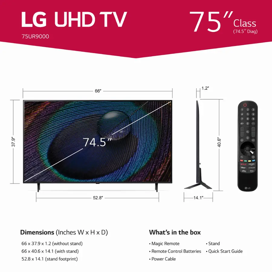 The image features an LG UHD TV, which is a 75-inch television with a diagonal length of 74.5 inches. The TV is designed to provide a 66-inch viewing experience, making it a 1.2 aspect ratio. The dimensions of the TV are 66 x 37.9 x 1.2 inches without the stand and 66 x 40.6 x 14.1 inches with the stand. The TV comes with a stand, a remote control, batteries, and a quick start guide. It also includes a power cable for easy setup.