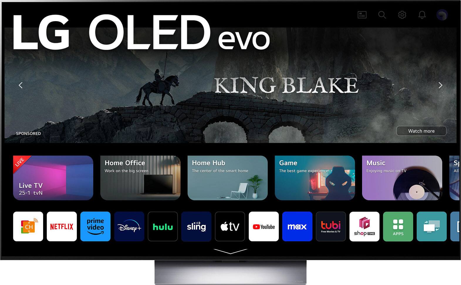 The image features a large LG OLED television set, which is 77 inches in size. The dimensions of the television are 67.4 x 38.4 x 1 inch (without stand) and 67.4 x 40.9 x 12.6 inches (with stand). The television set is accompanied by a Magic Remote with Magic Tap, a Remote Control, Batteries, Power Cable, and a Flush Wall Mount Stand, which is sold separately. The image also includes a Quick Start Guide for the user's convenience.