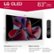 The image features a large LG OLED TV, which is an 83-inch class television with a diagonal length of 82.5 inches. The dimensions of the TV are 72.7 inches wide by 41.4 inches high, and it has a depth of 1.1 inches without the stand or 12.6 inches with the stand. The TV comes with a Magic Remote, which has a Magic Tap feature, and it also includes a power cable and batteries. The TV is sold separately from the stand, which can be mounted on the wall or placed on the floor. A quick start guide is also included with the TV.
