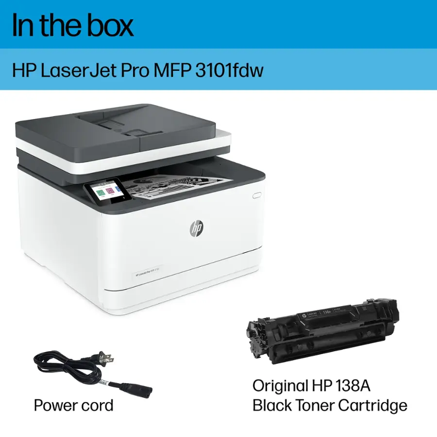 In the box, there is an HP LaserJet Pro MFP 3101fdw printer. The printer is accompanied by a power cord and an original HP 138A black toner cartridge.