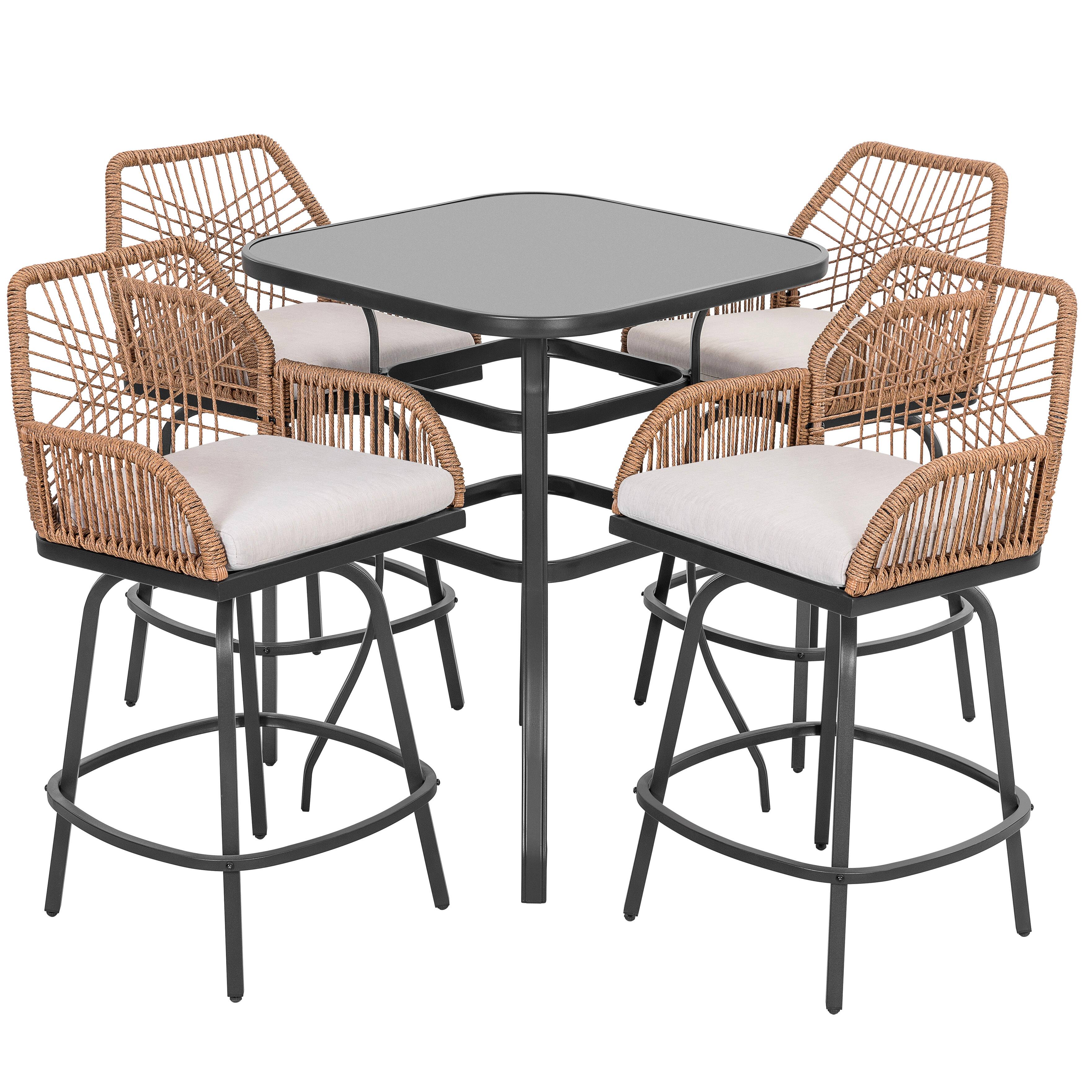 Alt View 6. Nuu Garden - Swivel Patio Bar Set with Cushions, Handwoven Twisted Rattan Design - 5pc Glass Top.