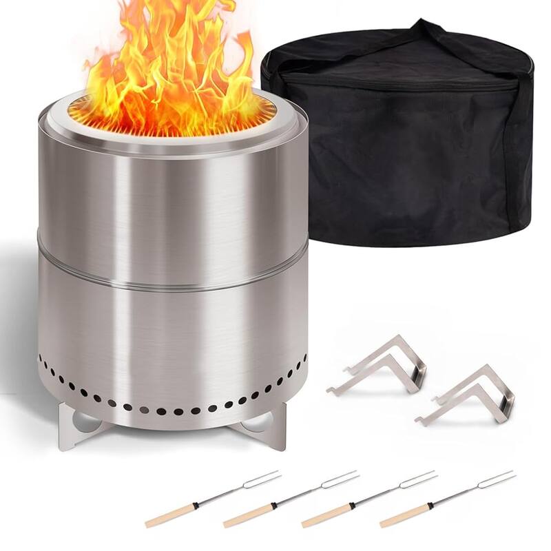 FODINGHILL - 15-Inch Smokeless Fire Pit, Portable Stainless Steel Wood Burning Stove for Outdoor Camping, Low Smoke Design - Silver