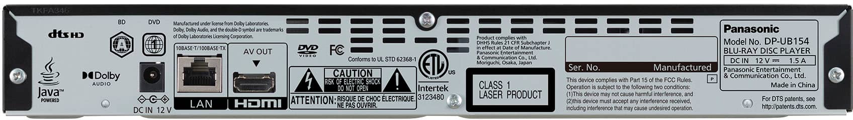 Back. Panasonic - 4K Ultra HD Dolby Atmos Audio DVD/CD/3D Blu-Ray Player, DP-UB154P-K - Black.