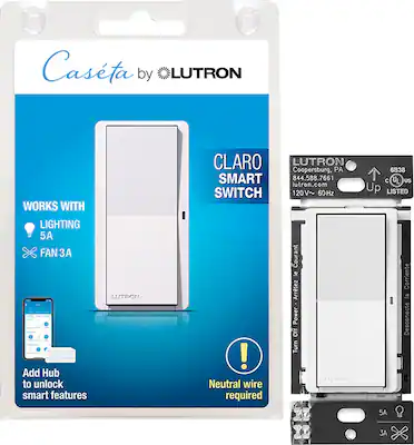Front. Lutron - Claro Smart Switch for Caséta, On/Off Control of Lights/Fans, 5-Amp/Neutral Wire Required - White.