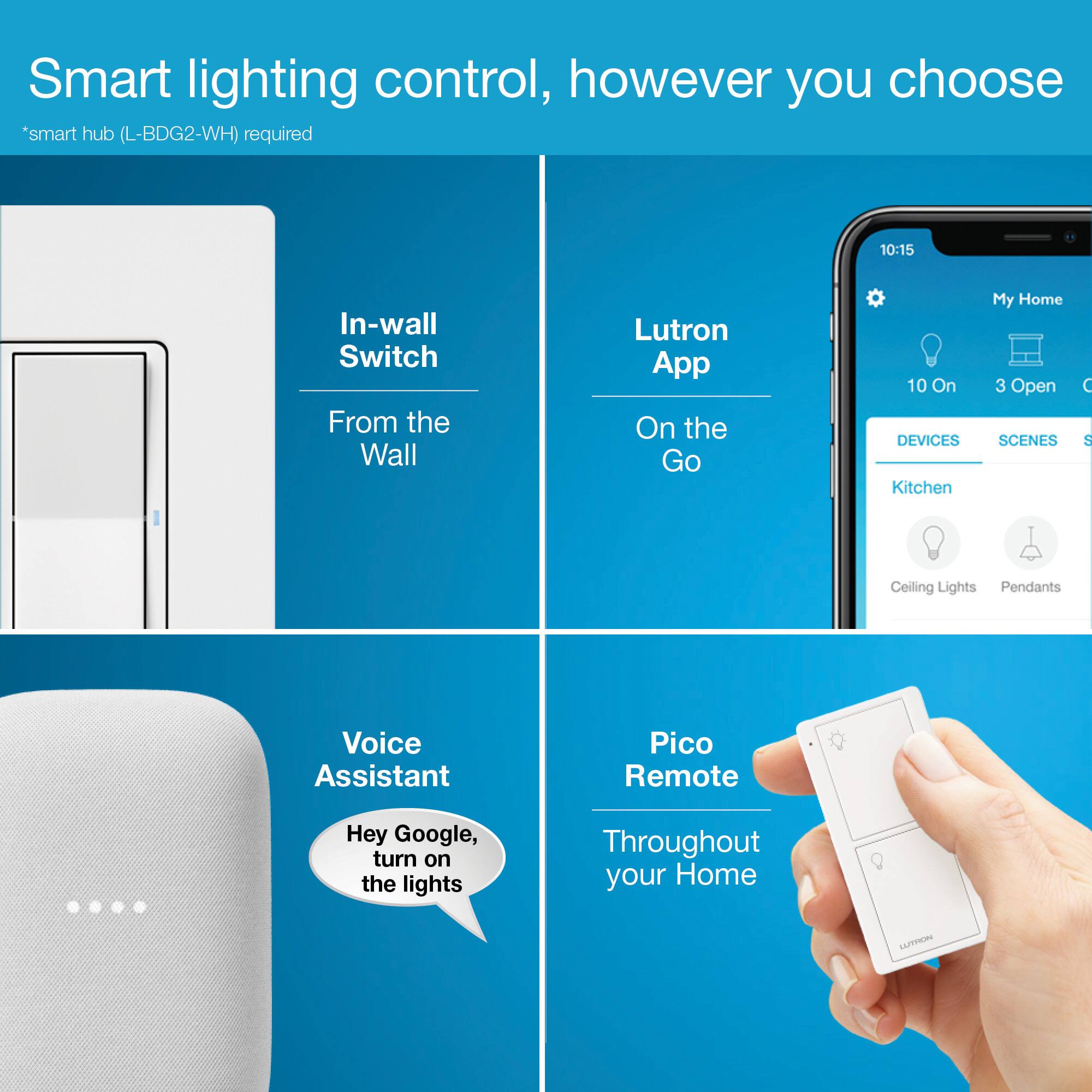 Smart lighting control, however you choose:

* Smart hub (L-BDG2-WH) required
* In-wall switch from the wall
* Lutron app on the go
* On the devices
* Kitchen
* My Home
* 3 Open
* Ceiling Lights
* Pendants
* Voice Assistant
* Pico Remote
* Hey Google, turn on the lights
* Throughout your Home