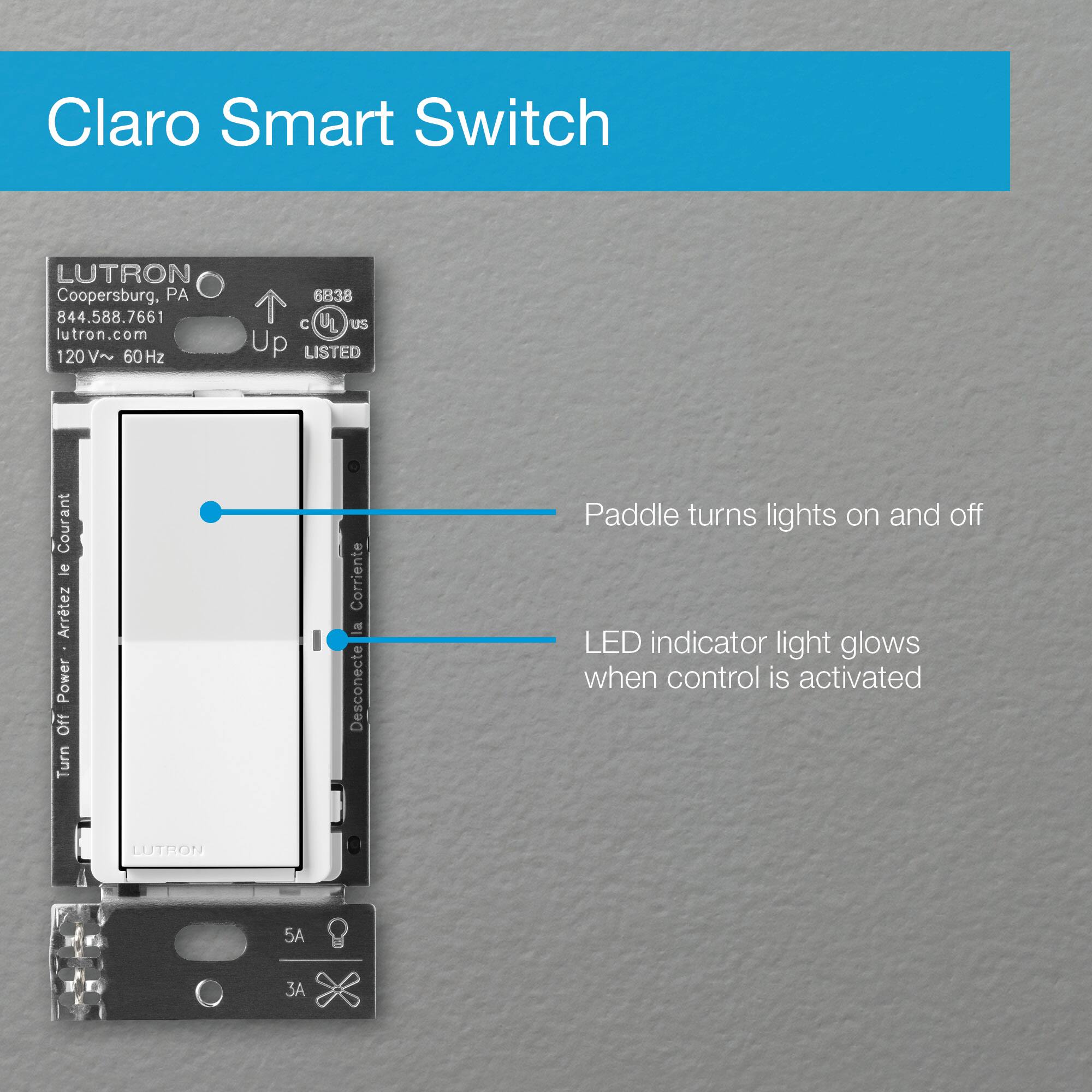 Alt View 22. Lutron - Claro Smart Switch for Caséta, On/Off Control of Lights/Fans, 5-Amp/Neutral Wire Required - White.